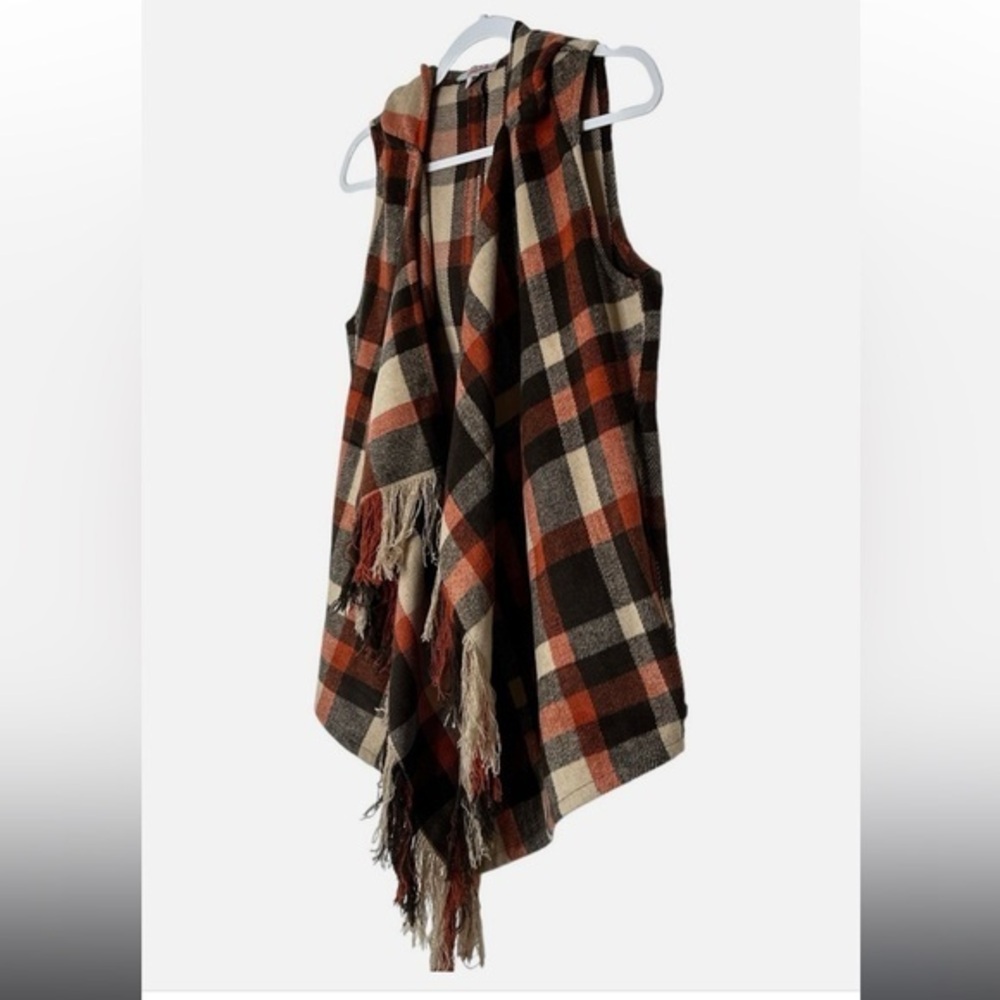 FAVLUX cardigan burnt orange & Brown Plaid Open Front Hooded Fringe sweater vest